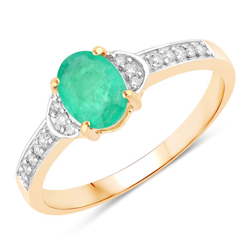 Emerald-0.82 Carat Genuine Zambian Emerald and White Diamond 10K Yellow Gold Ring