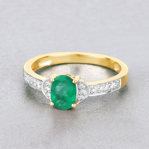 0.82 Carat Genuine Zambian Emerald and White Diamond 10K Yellow Gold Ring