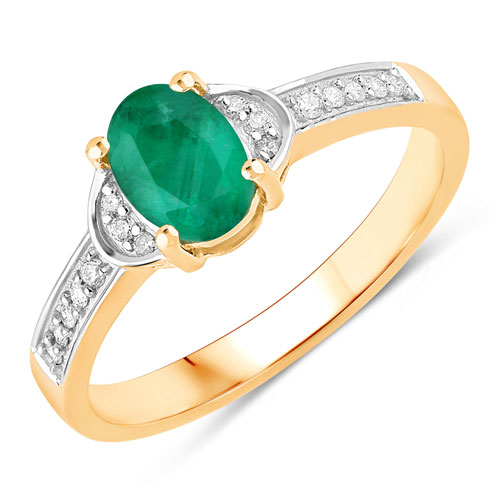 Emerald-0.82 Carat Genuine Zambian Emerald and White Diamond 14K Yellow Gold Ring