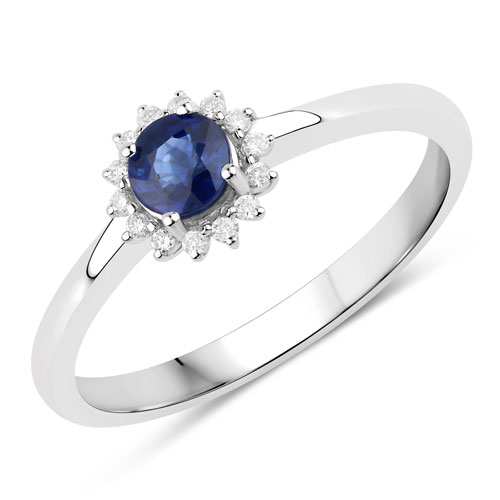 Sapphire-0.47 Carat Genuine Blue Sapphire and White Diamond 14K White Gold Ring