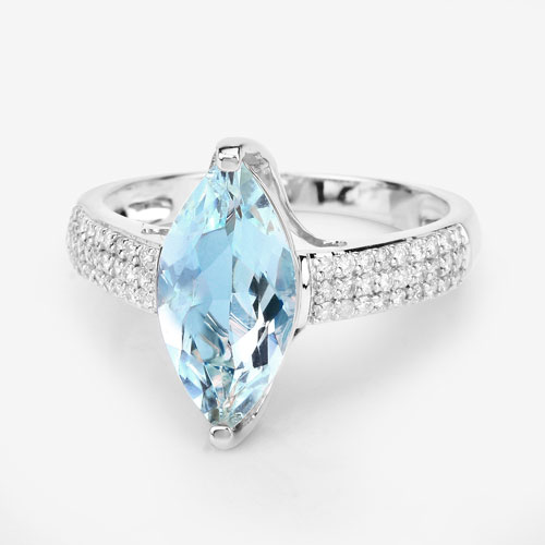 2.09 Carat Genuine Aquamarine and White Diamond 14K White Gold Ring