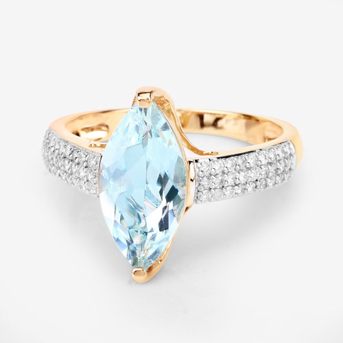 2.09 Carat Genuine Aquamarine and White Diamond 14K Yellow Gold Ring