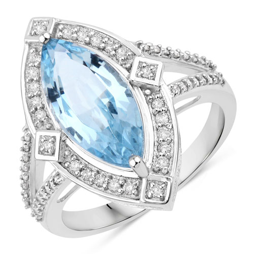 Rings-2.44 Carat Genuine Aquamarine and White Diamond 14K White Gold Ring