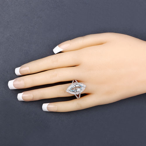 2.44 Carat Genuine Aquamarine and White Diamond 14K White Gold Ring