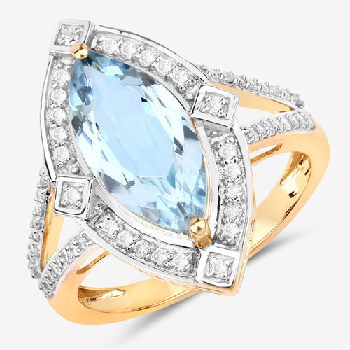 2.44 Carat Genuine Aquamarine and White Diamond 14K Yellow Gold Ring