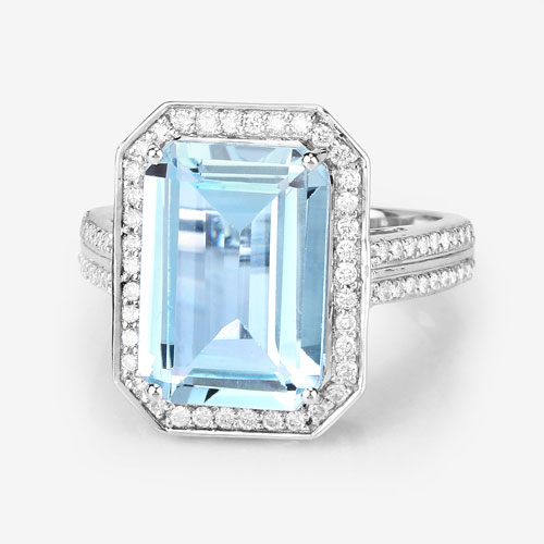 5.85 Carat Genuine Aquamarine and White Diamond 14K White Gold Ring