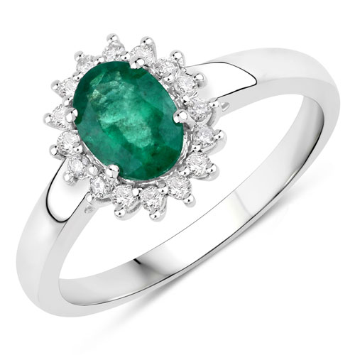 Emerald-0.86 Carat Genuine Zambian Emerald and White Diamond 14K White Gold Ring