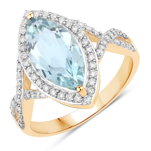 Rings-2.24 Carat Genuine Aquamarine and White Diamond 14K Yellow Gold Ring