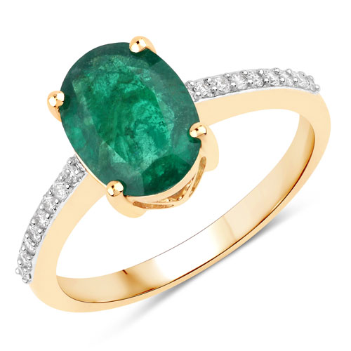 Emerald-1.70 Carat Genuine Zambian Emerald and White Diamond 14K Yellow Gold Ring