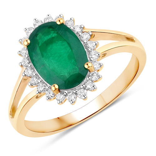 Emerald-1.79 Carat Genuine Zambian Emerald and White Diamond 14K Yellow Gold Ring