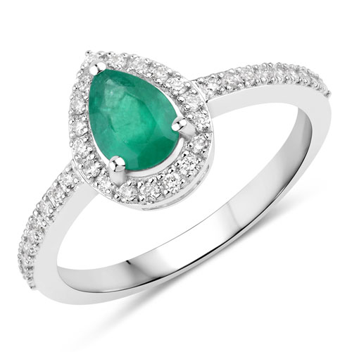 Emerald-0.88 Carat Genuine Zambian Emerald and White Diamond 14K White Gold Ring