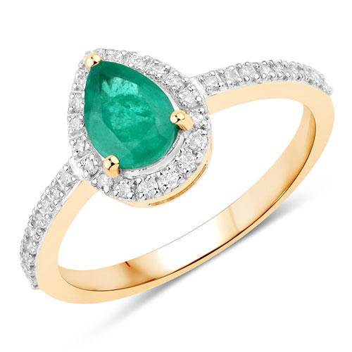 Emerald-0.88 Carat Genuine Zambian Emerald and White Diamond 14K Yellow Gold Ring