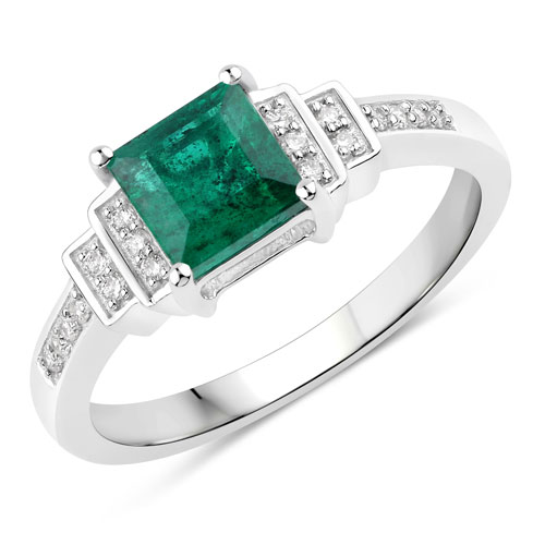 Emerald-1.09 Carat Genuine Zambian Emerald and White Diamond 14K White Gold Ring