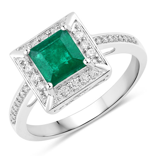 Emerald-1.19 Carat Genuine Zambian Emerald and White Diamond 14K White Gold Ring