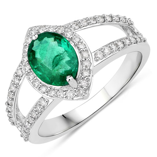 Emerald-1.62 Carat Genuine Zambian Emerald and White Diamond 14K White Gold Ring