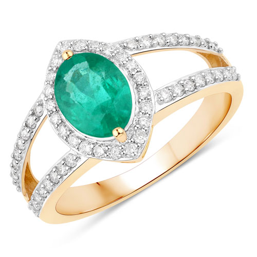 Emerald-1.62 Carat Genuine Zambian Emerald and White Diamond 14K Yellow Gold Ring