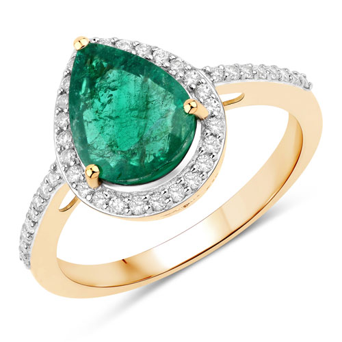 Emerald-1.82 Carat Genuine Zambian Emerald and White Diamond 14K Yellow Gold Ring