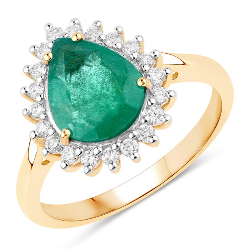 Emerald-2.05 Carat Genuine Zambian Emerald and White Diamond 14K Yellow Gold Ring