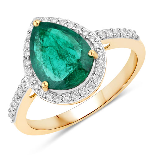 Emerald-2.00 Carat Genuine Zambian Emerald and White Diamond 14K Yellow Gold Ring
