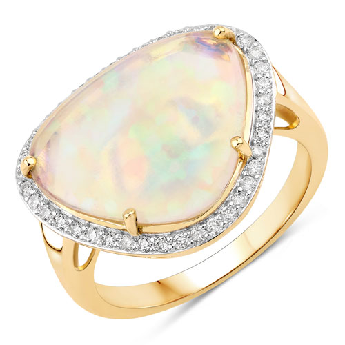 Opal-3.88 Carat Genuine Ethiopian Opal and White Diamond 14K Yellow Gold Ring