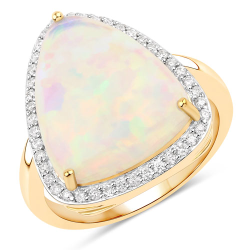 Opal-4.62 Carat Genuine Ethiopian Opal and White Diamond 14K Yellow Gold Ring