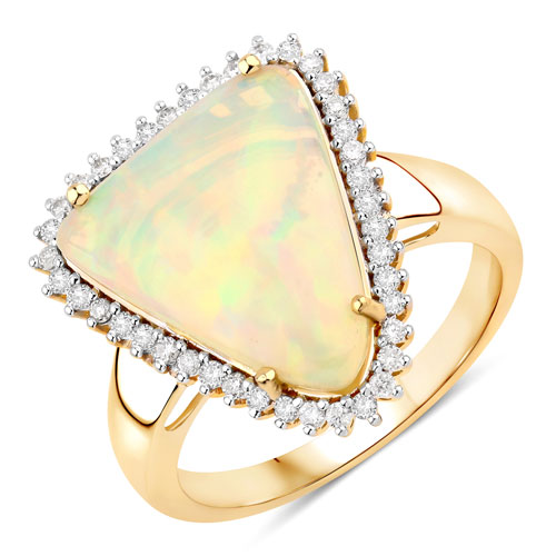 Opal-2.84 Carat Genuine Ethiopian Opal and White Diamond 14K Yellow Gold Ring
