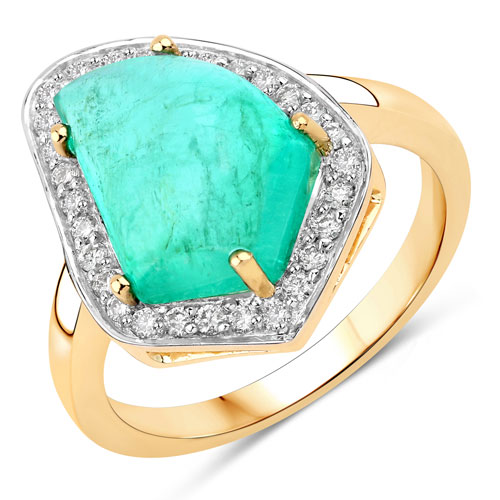 Emerald-5.52 Carat Genuine Zambian Emerald and White Diamond 14K Yellow Gold Ring