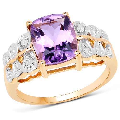 Amethyst-14K Yellow Gold Plated 2.65 Carat Genuine Amethyst and White Diamond .925 Sterling Silver Ring