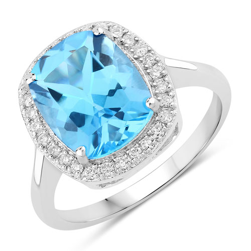 Rings-4.31 Carat Genuine Swiss Blue Topaz and Lab Grown Diamond .925 Sterling Silver Ring