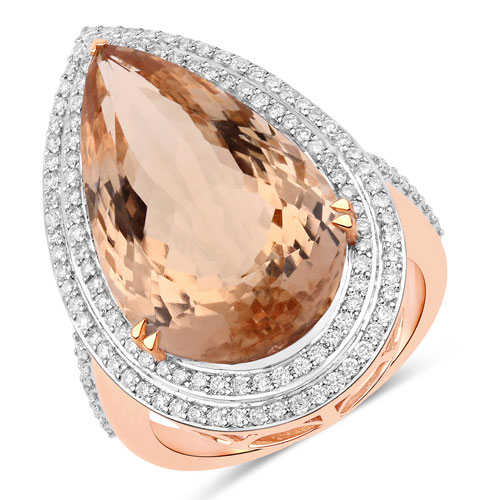 Rings-12.66 Carat Genuine Morganite and White Diamond 14K Rose Gold Ring