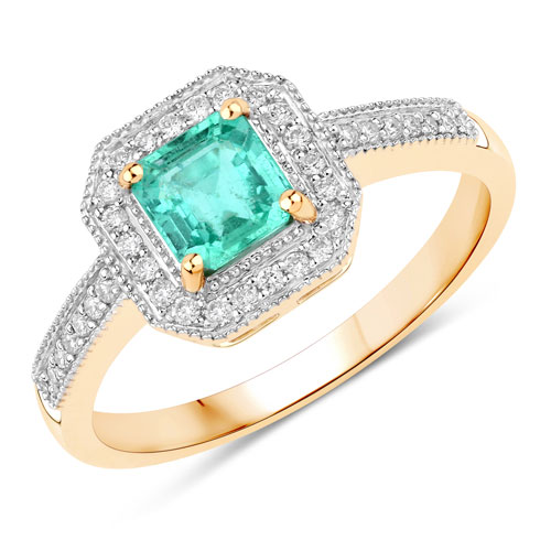Emerald-0.82 Carat Genuine Emerald and White Diamond 14K Yellow Gold Ring