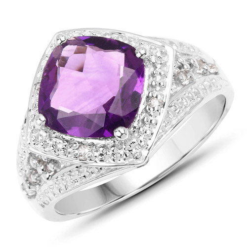 Amethyst-3.02 Carat Genuine Amethyst and White Topaz .925 Sterling Silver Ring