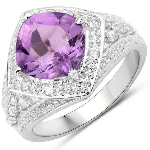 Amethyst-2.82 Carat Genuine Amethyst and White Topaz .925 Sterling Silver Ring