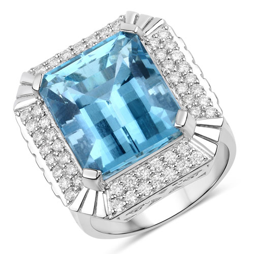 Rings-13.924 Carat Genuine Aquamarine and White Diamond 14K White Gold Ring
