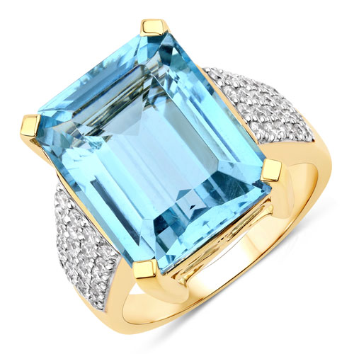 Rings-11.922 Carat Genuine Aquamarine and White Diamond 14K Yellow Gold Ring