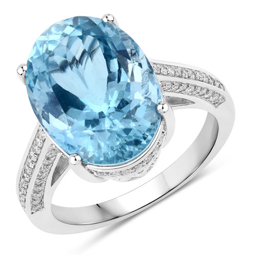 Rings-8.84 Carat Genuine Aquamarine and White Diamond 14K White Gold Ring