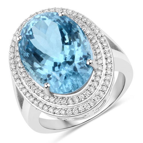Rings-12.89 Carat Genuine Aquamarine and White Diamond 14K White Gold Ring