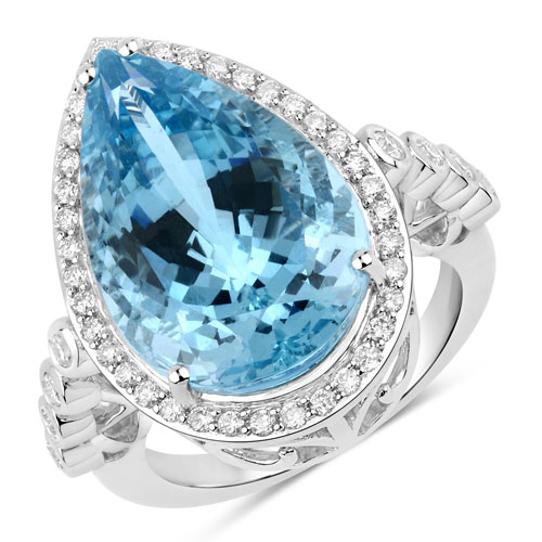Rings-13.42 Carat Genuine Aquamarine and White Diamond 14K White Gold Ring