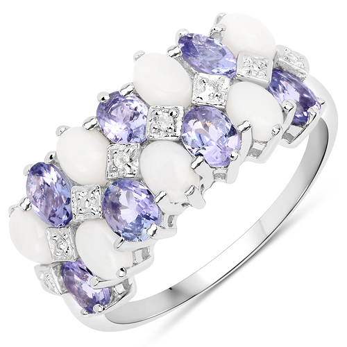 Opal-14K White Gold Plated 2.04 Carat Genuine Opal, Tanzanite and White Topaz .925 Sterling Silver Ring