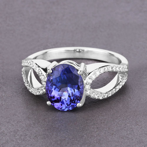 2.46 Carat Genuine Tanzanite and White Diamond 14K White Gold Ring