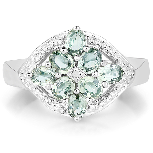 1.60 Carat Genuine Green Sapphire and White Diamond .925 Sterling Silver Ring