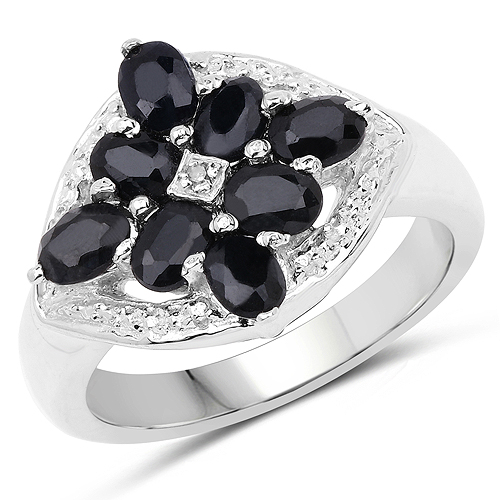 Sapphire-1.76 Carat Genuine Black Sapphire and White Diamond .925 Sterling Silver Ring