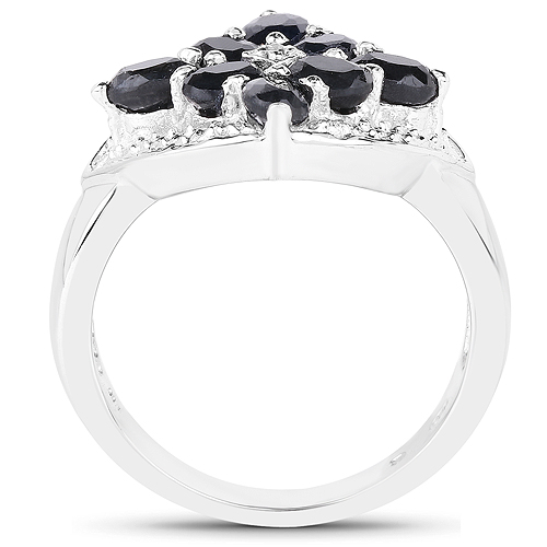 1.76 Carat Genuine Black Sapphire and White Diamond .925 Sterling Silver Ring