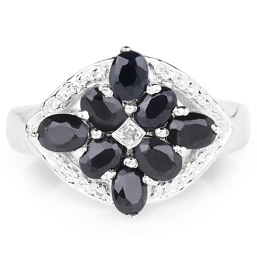 1.76 Carat Genuine Black Sapphire and White Diamond .925 Sterling Silver Ring