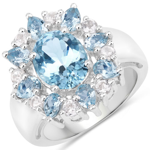 Rings-4.63 Carat Genuine Blue Topaz and White Topaz .925 Sterling Silver Ring