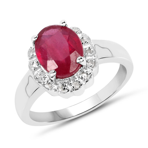 Ruby-2.36 Carat Glass Filled Ruby and White Diamond .925 Sterling Silver Ring