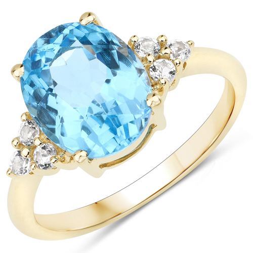 Rings-4.24 Carat Genuine Swiss Blue Topaz and White Topaz 10K Yellow Gold Ring