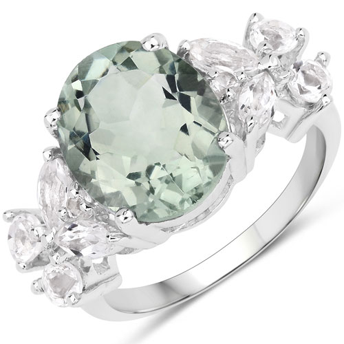 Amethyst-5.45 Carat Genuine Green Amethyst and White Topaz .925 Sterling Silver Ring