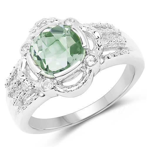 Amethyst-1.74 Carat Genuine Green Amethyst and White Topaz .925 Sterling Silver Ring