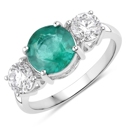 Emerald-3.10 Carat Genuine Zambian Emerald and Lab Grown Diamond 14K White Gold Ring